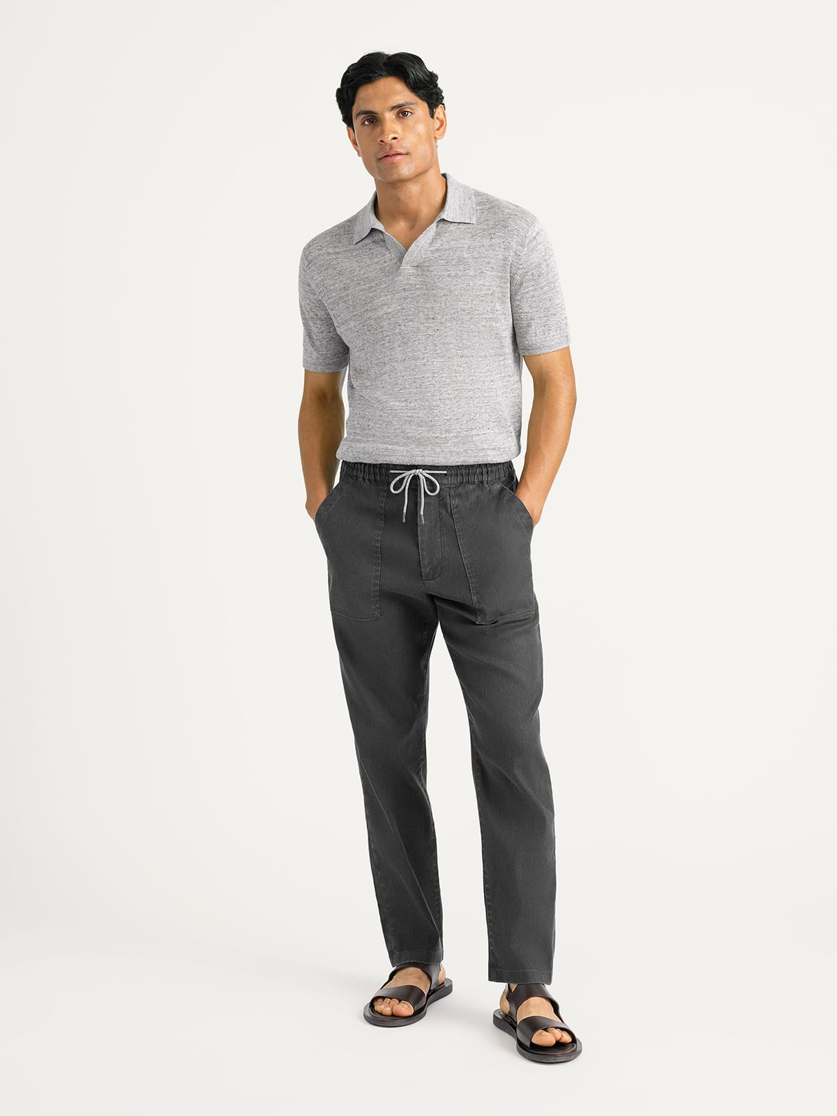 Amalfi Faded Black Cotton and Linen Stretch Drawstring Pant