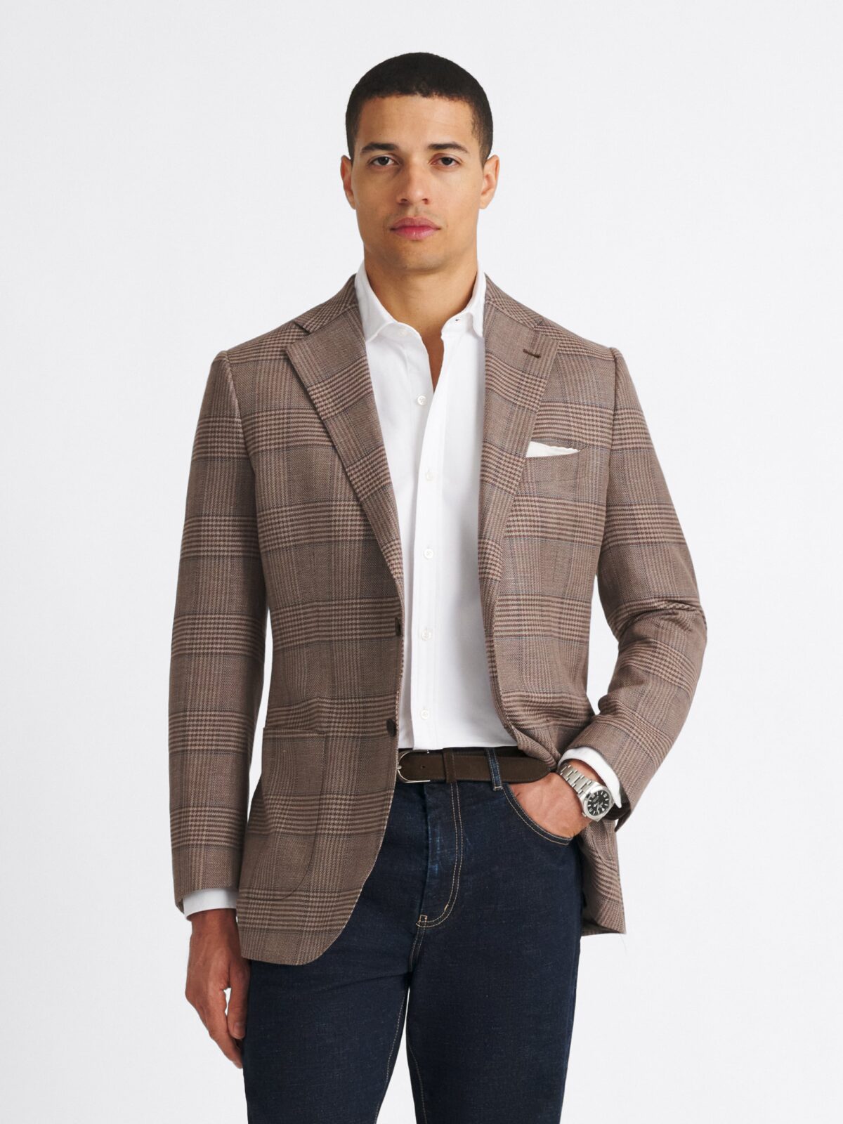 Mocha and Blue Glen Plaid Wool and Linen Stretch Jacket - Custom