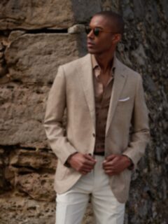 Beige Linen and Lyocell Hopsack Bedford Jacket - Custom Fit