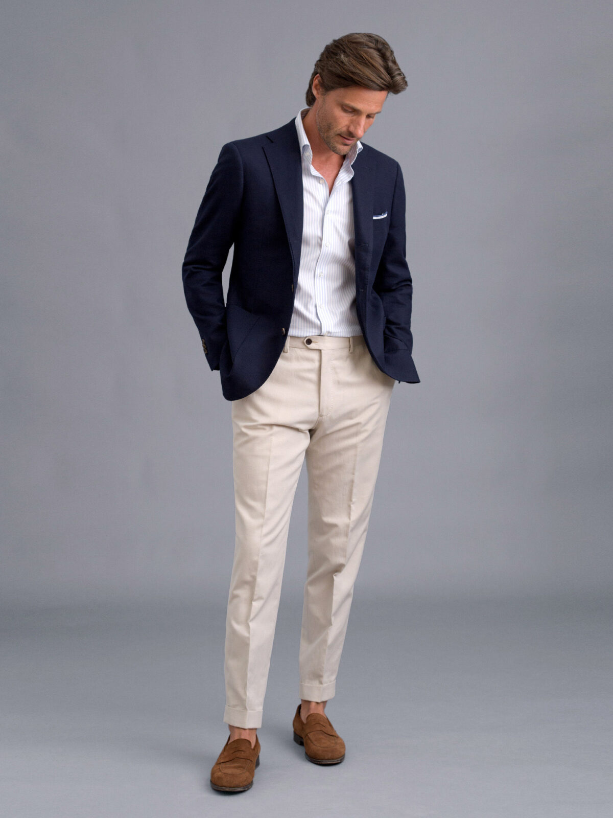 Bedford Navy Stretch Wool and Cotton Hopsack Jacket Custom Fit