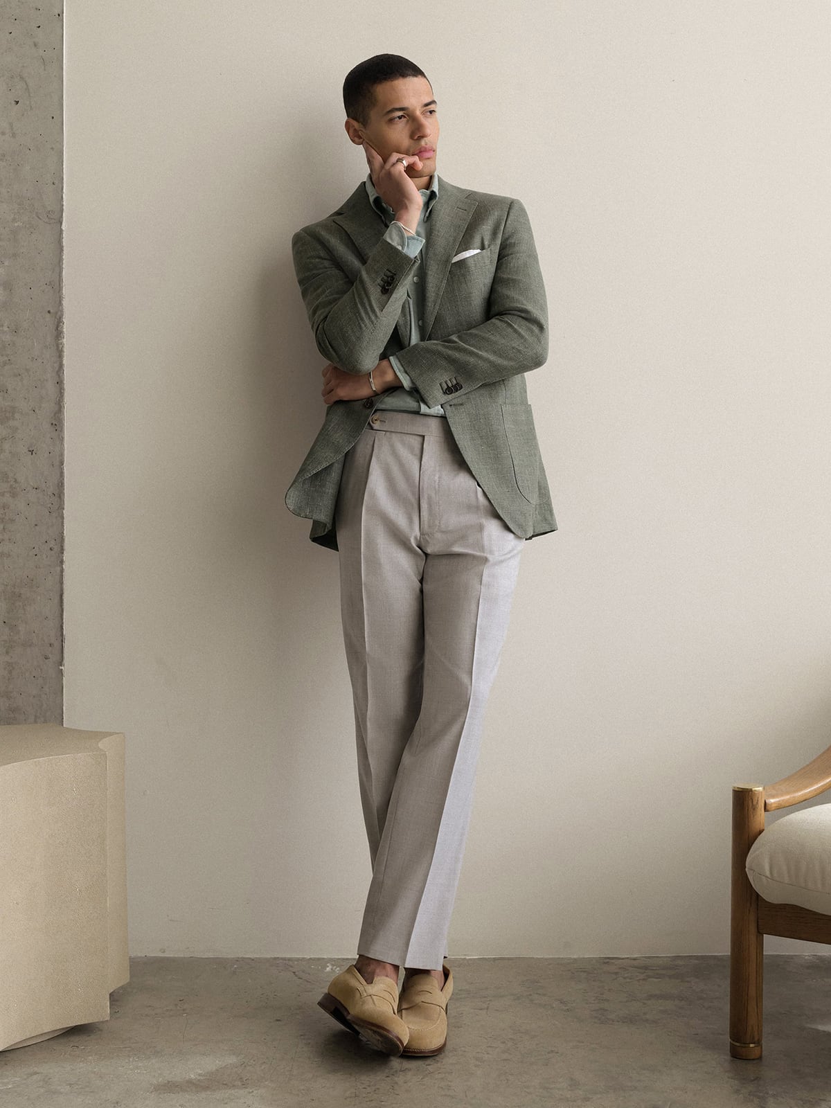 Drago Sage Wool and Linen Hopsack Bedford Jacket - Custom Fit Tailored Clothing Drago Sage Wool and Linen Hopsack Bedford Jacket - Custom Fit Tailored Clothing