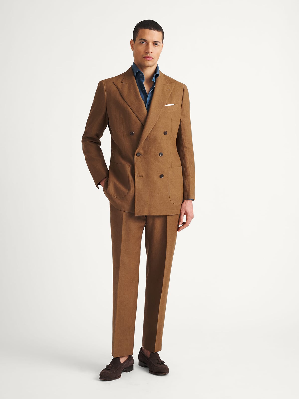 Proper Cloth Double Breasted Tobacco Irish Linen Carmine Men's Custom Suit