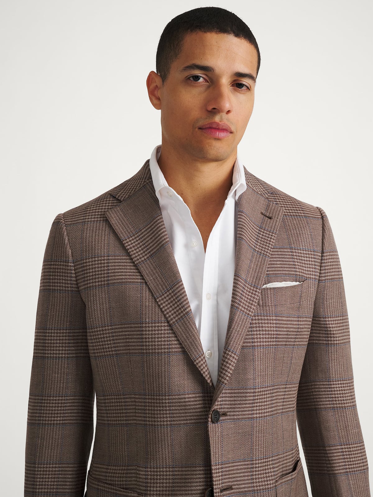 Mocha and Blue Glen Plaid Wool and Linen Stretch Jacket - Custom