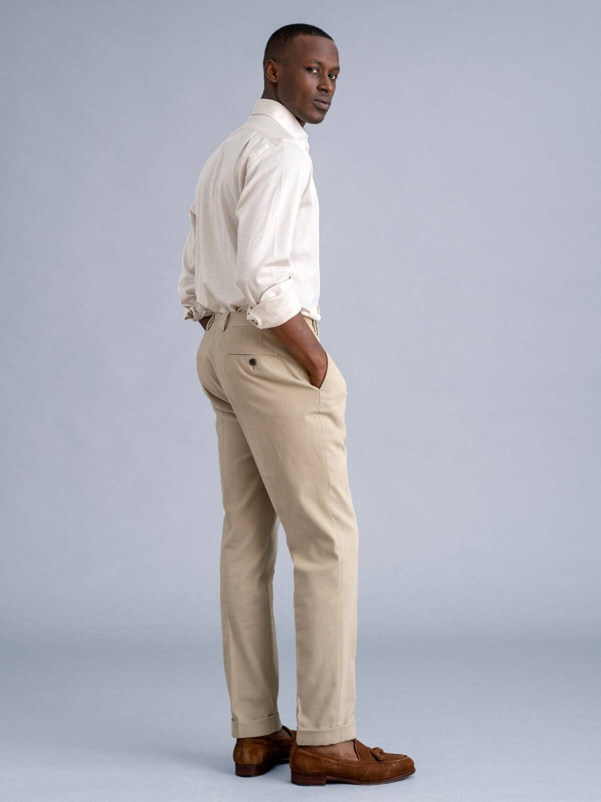 Cream Heavy Brushed Cotton Stretch Side Tab Dress Pant - Custom Fit  Tailored Clothing