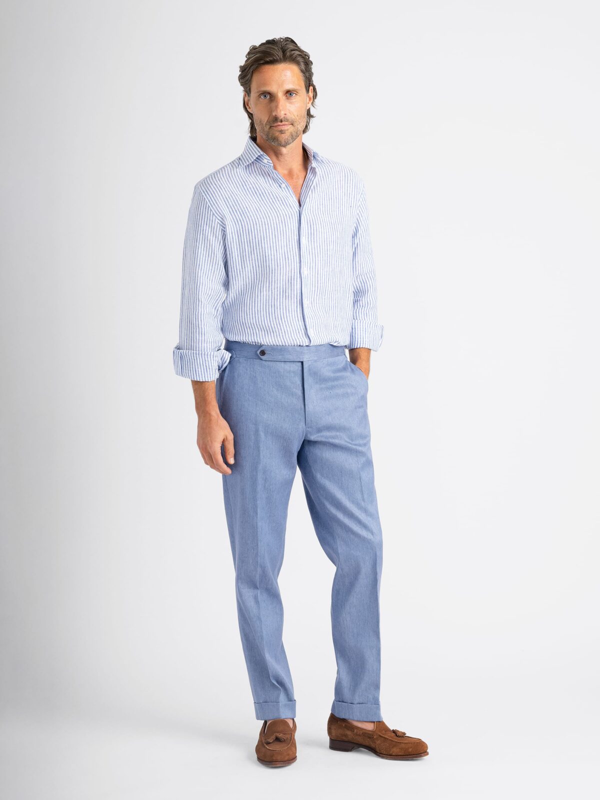 Loro Piana Fabric French Blue Linen Blend Stretch Denim Trouser 