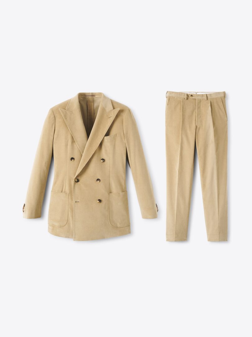 Men’s Double Breasted Duca Visconti Beige Stretch Corduroy Suit Thumb