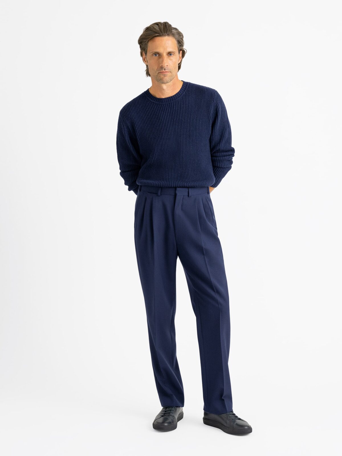 Navy Wide Leg Pleated 3 Ply Fresco Trouser - Custom Fit Tailored