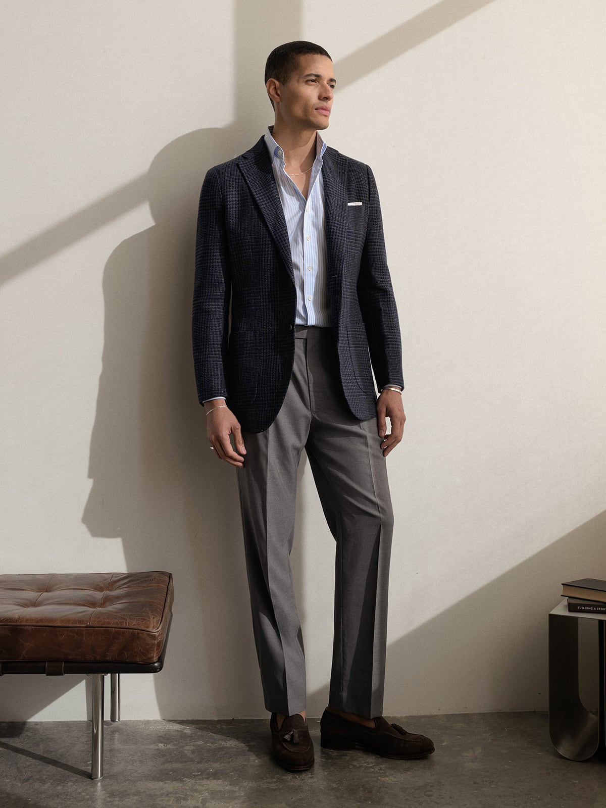 Cerruti Navy Glen Plaid Cotton and Linen Jacket - Custom Fit