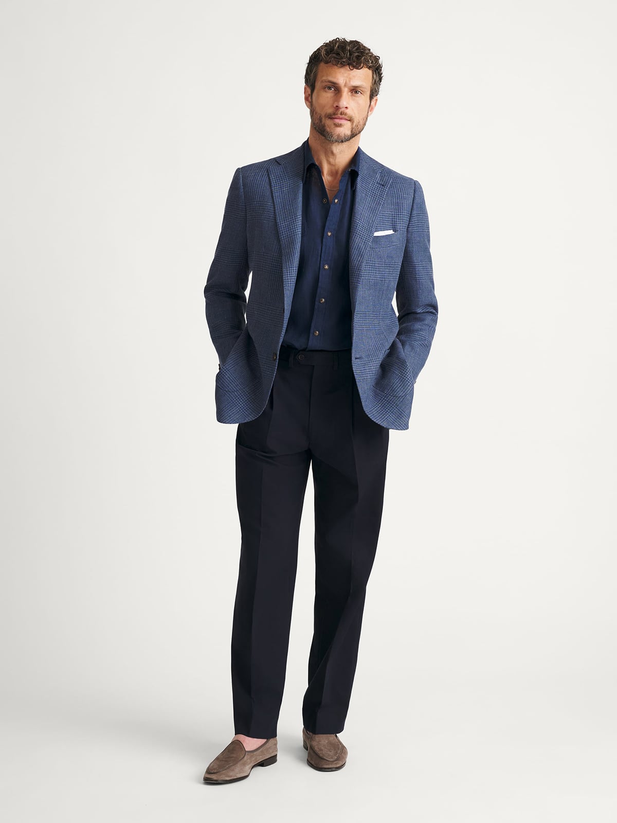 Drago Faded Navy Glen Plaid Wool and Linen Blend - Custom Fit