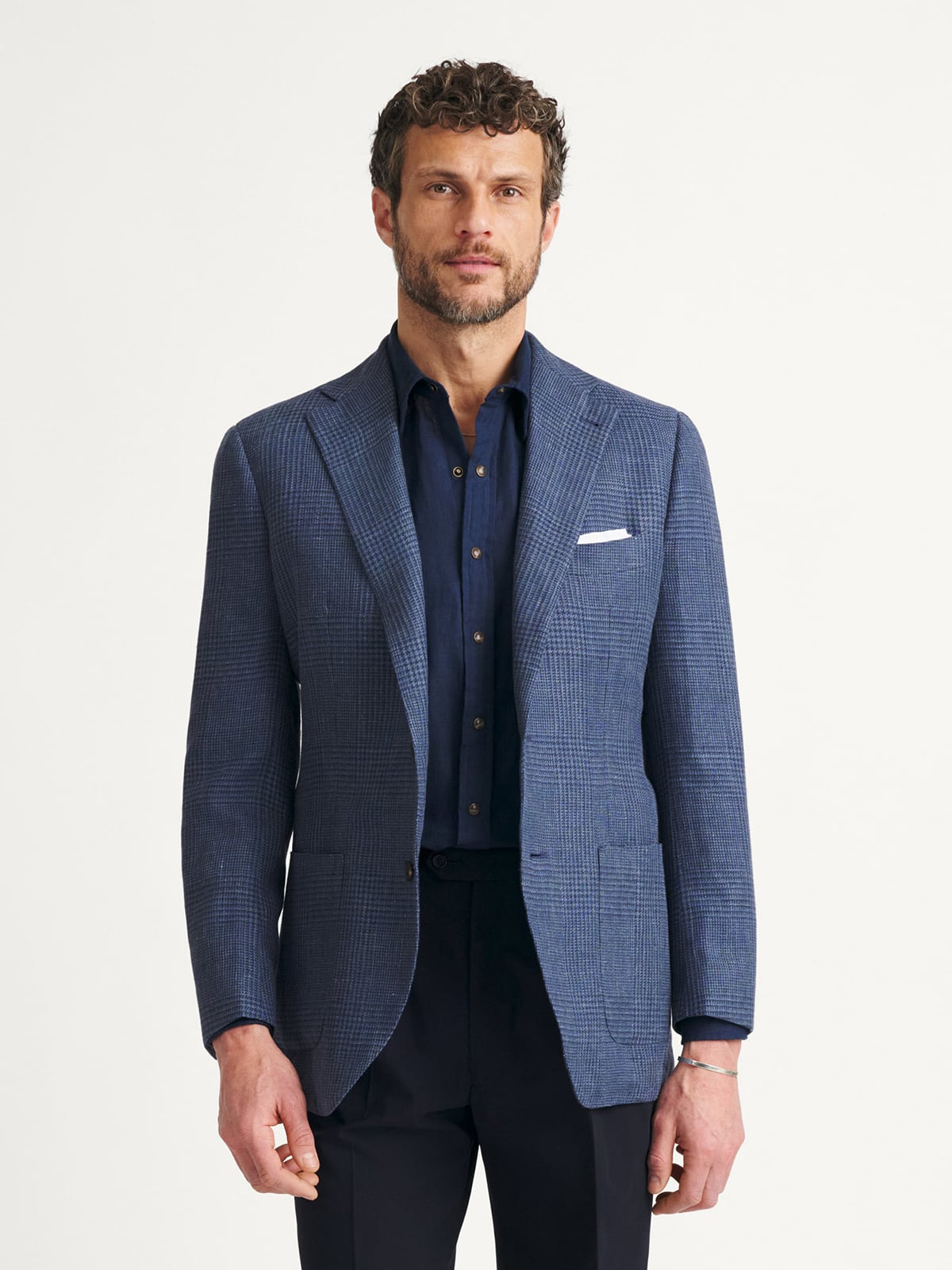 Drago Faded Navy Glen Plaid Wool and Linen Blend - Custom Fit