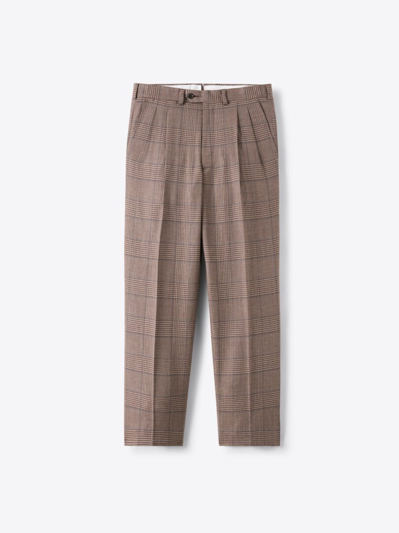 Men’s Mocha and Blue Glen Plaid Stretch Wool and Linen Pleated Wide Leg Pant Thumb