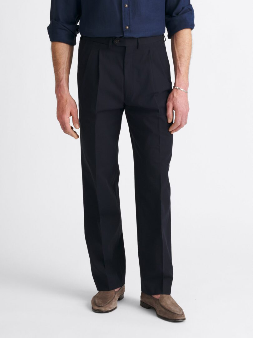 Navy High Twist Cotton Wide Leg Double Pleated Pant Thumb Detail