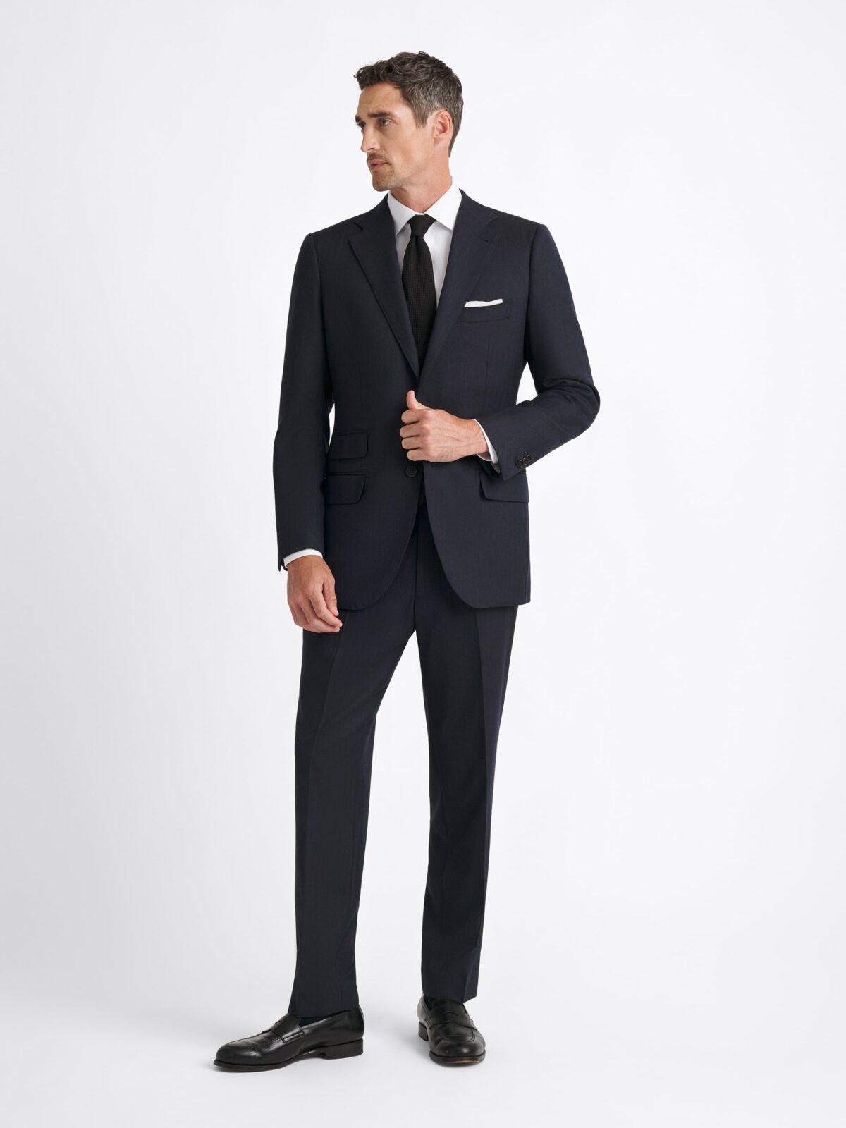 Drago Navy Herringbone S180s Wool Flannel Suit - Custom Fit