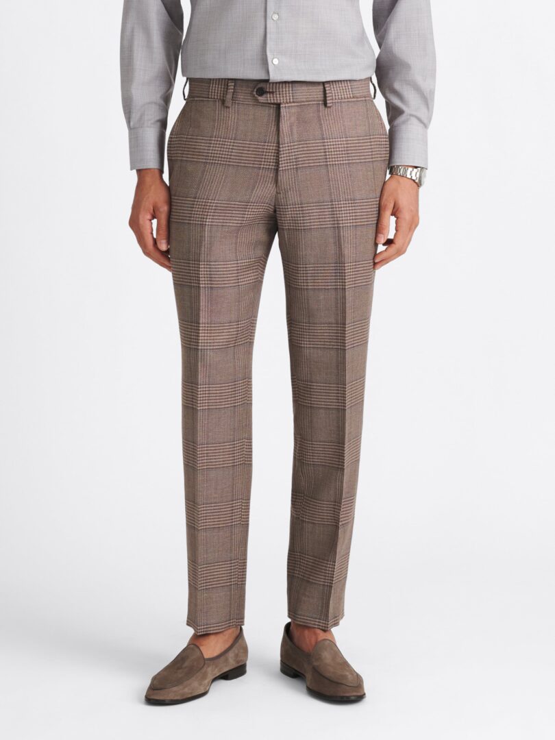 Dino Filarte Mocha and Blue Glen Plaid Wool and Linen Stretch Pants Thumb Detail