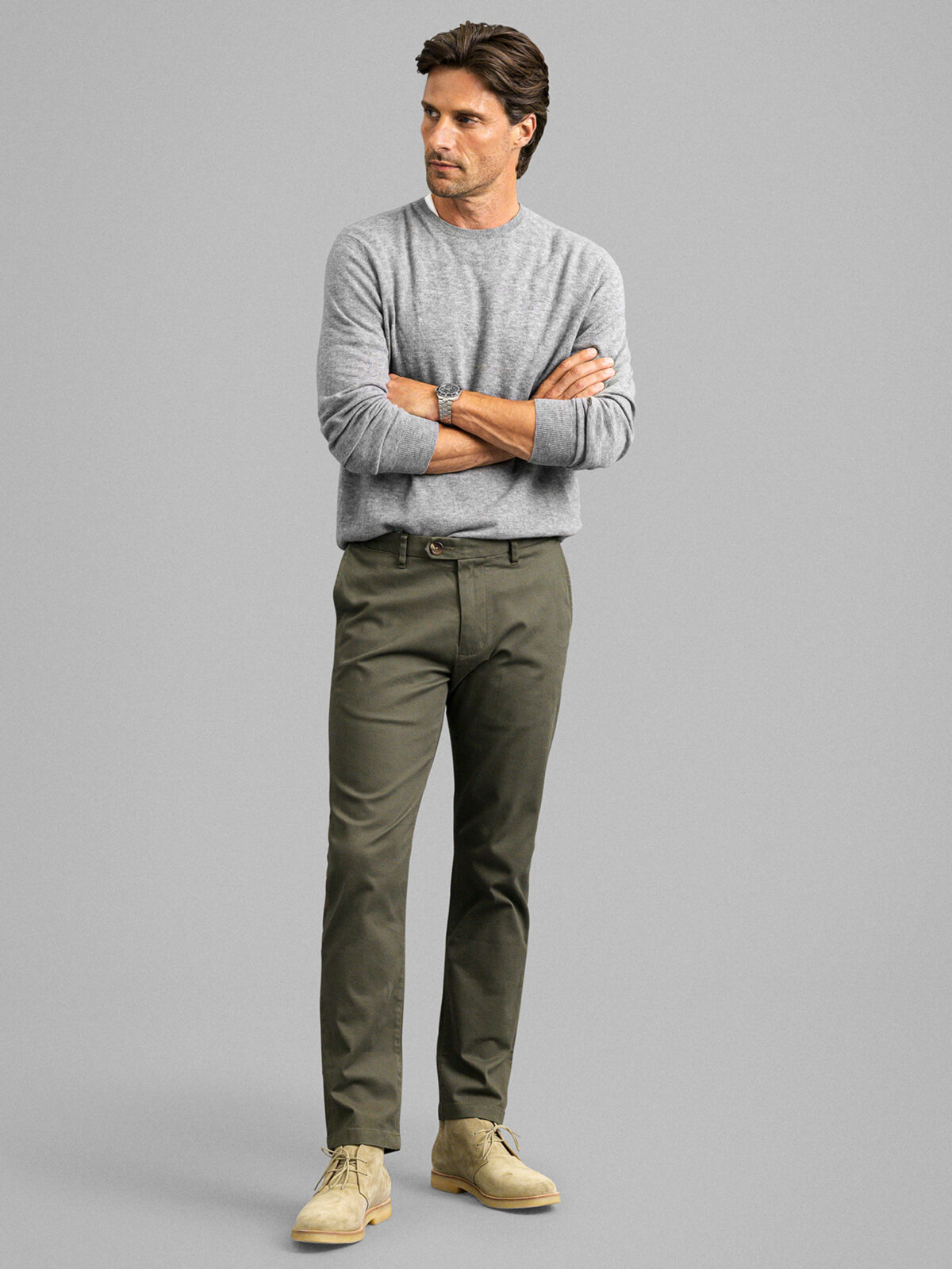 Khaki Chinos with Faded Green Shirt