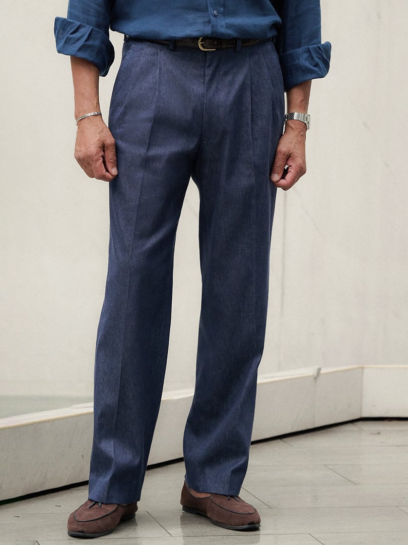Loro Piana Fabric Navy Cotton and Linen Stretch Wide Leg Denim Trouser Thumb Detail