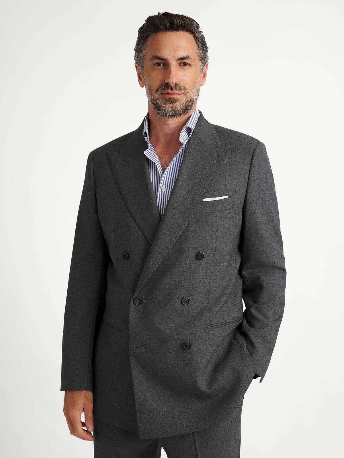 Double Breasted Dark Grey Stretch 3 Ply Fresco Carmine Suit