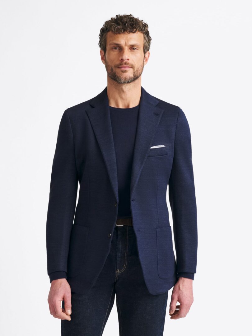 Italian Navy Melange Linen and Cotton Knit Jersey Jacket Thumb Detail