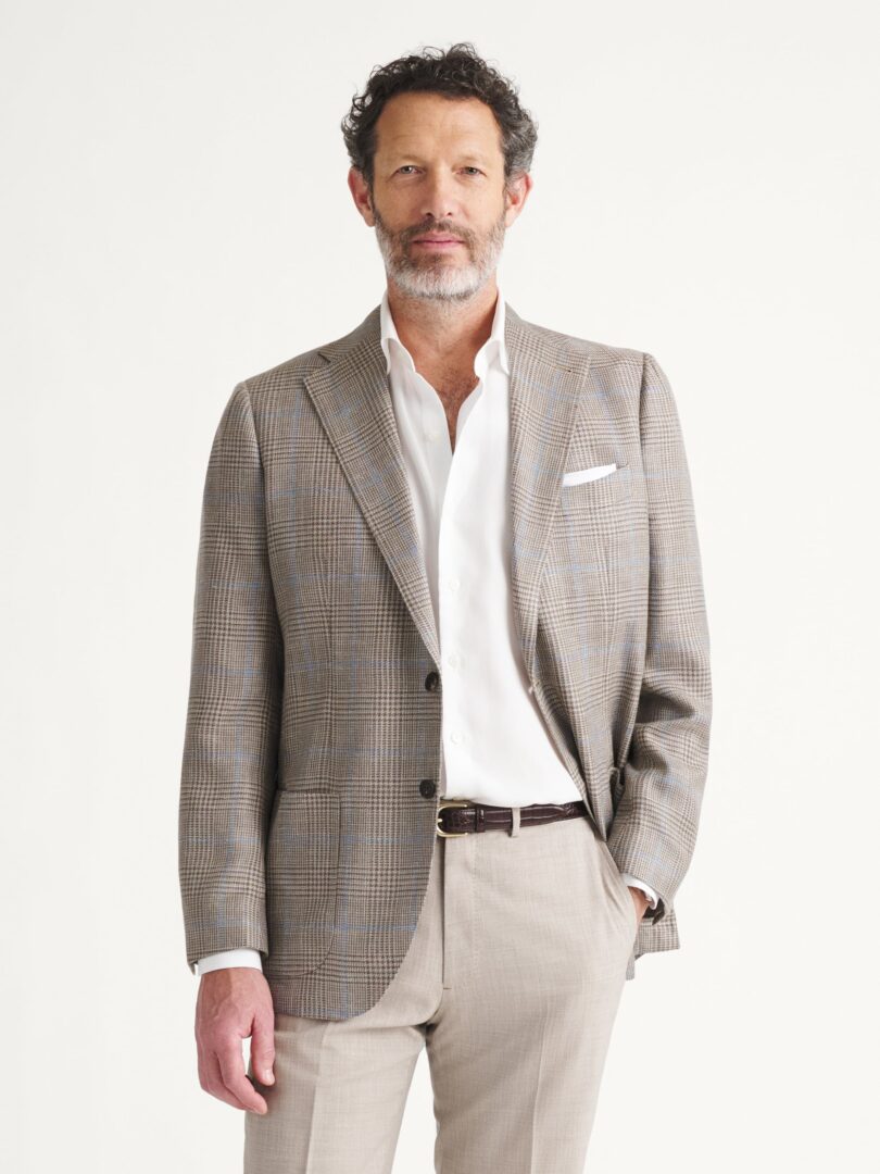 Loro Piana Fabric Taupe and Sky Wool Silk Linen Check Jacket Thumb Detail