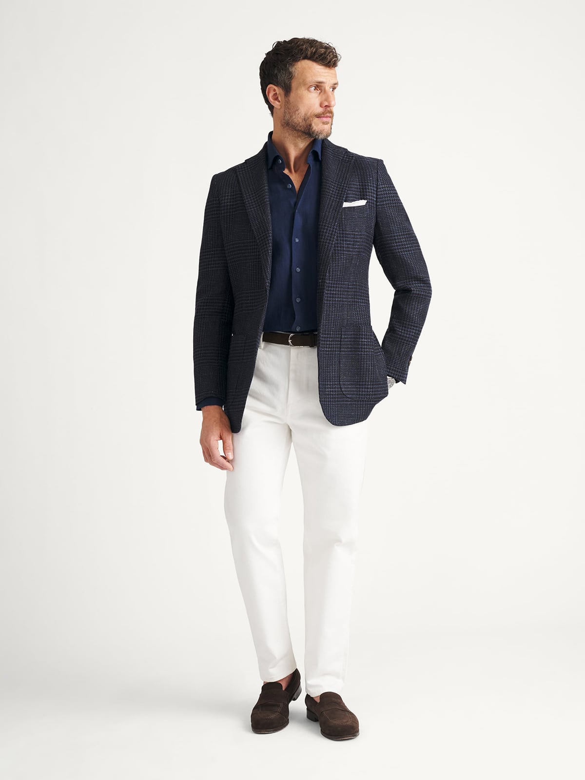 Cerruti Navy Glen Plaid Cotton and Linen Jacket - Custom Fit