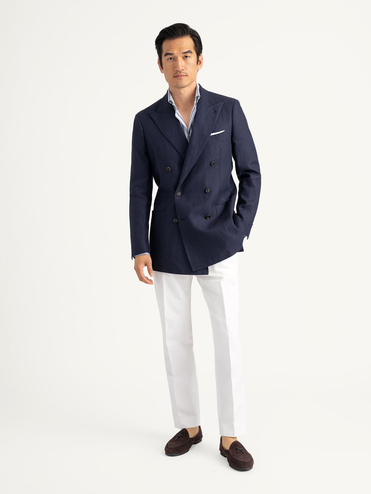 Navy Irish Linen Double Breasted Carmine Jacket - Custom Fit