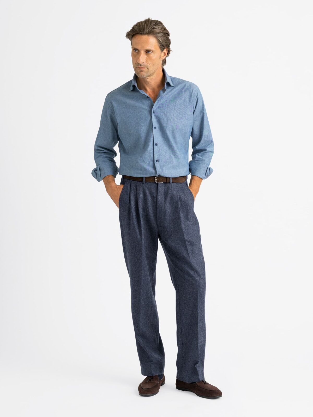 VBC Slate Melange Flannel Wide Leg Pleated Trouser - Custom Fit