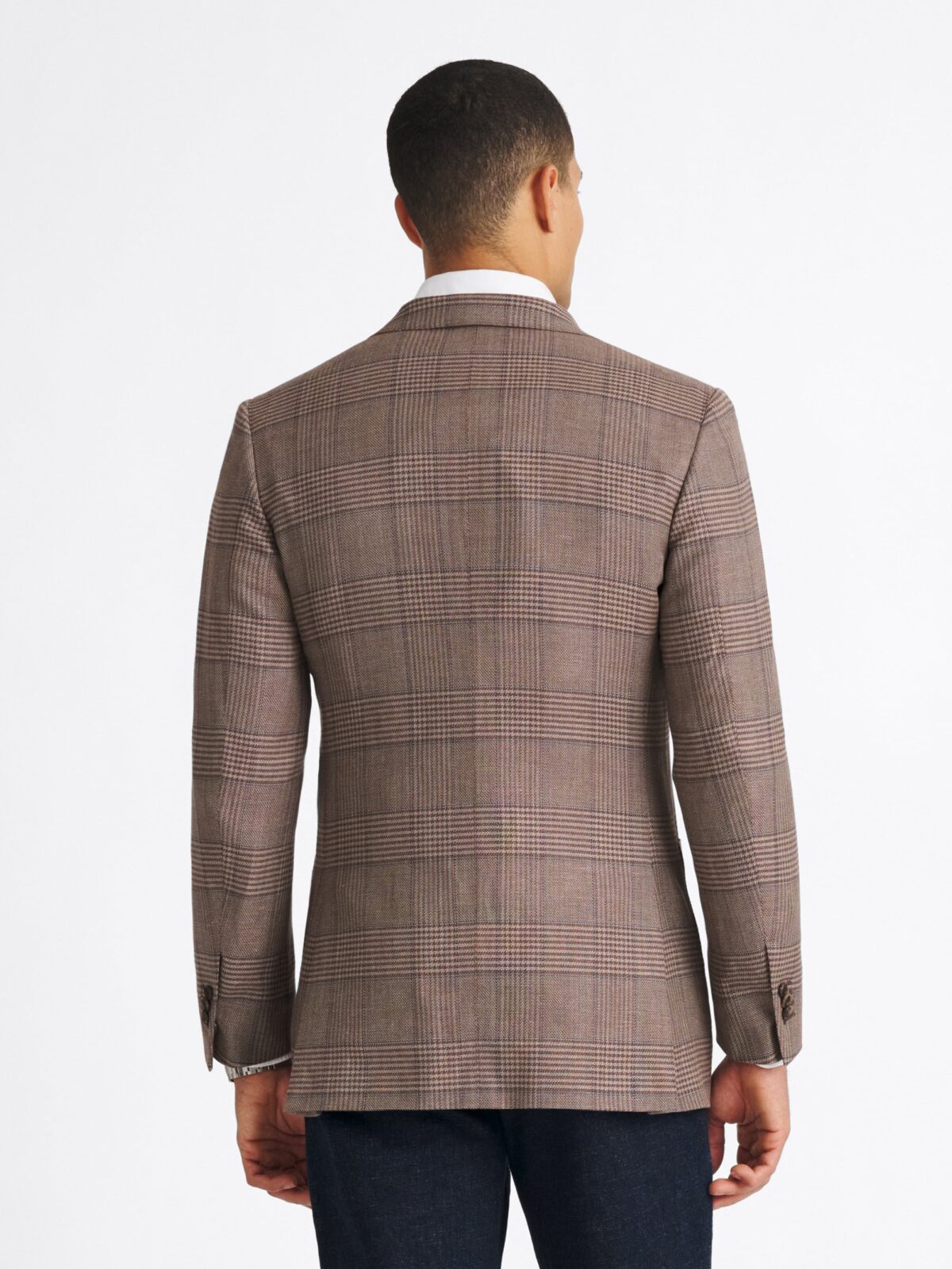 Mocha and Blue Glen Plaid Wool and Linen Stretch Jacket - Custom