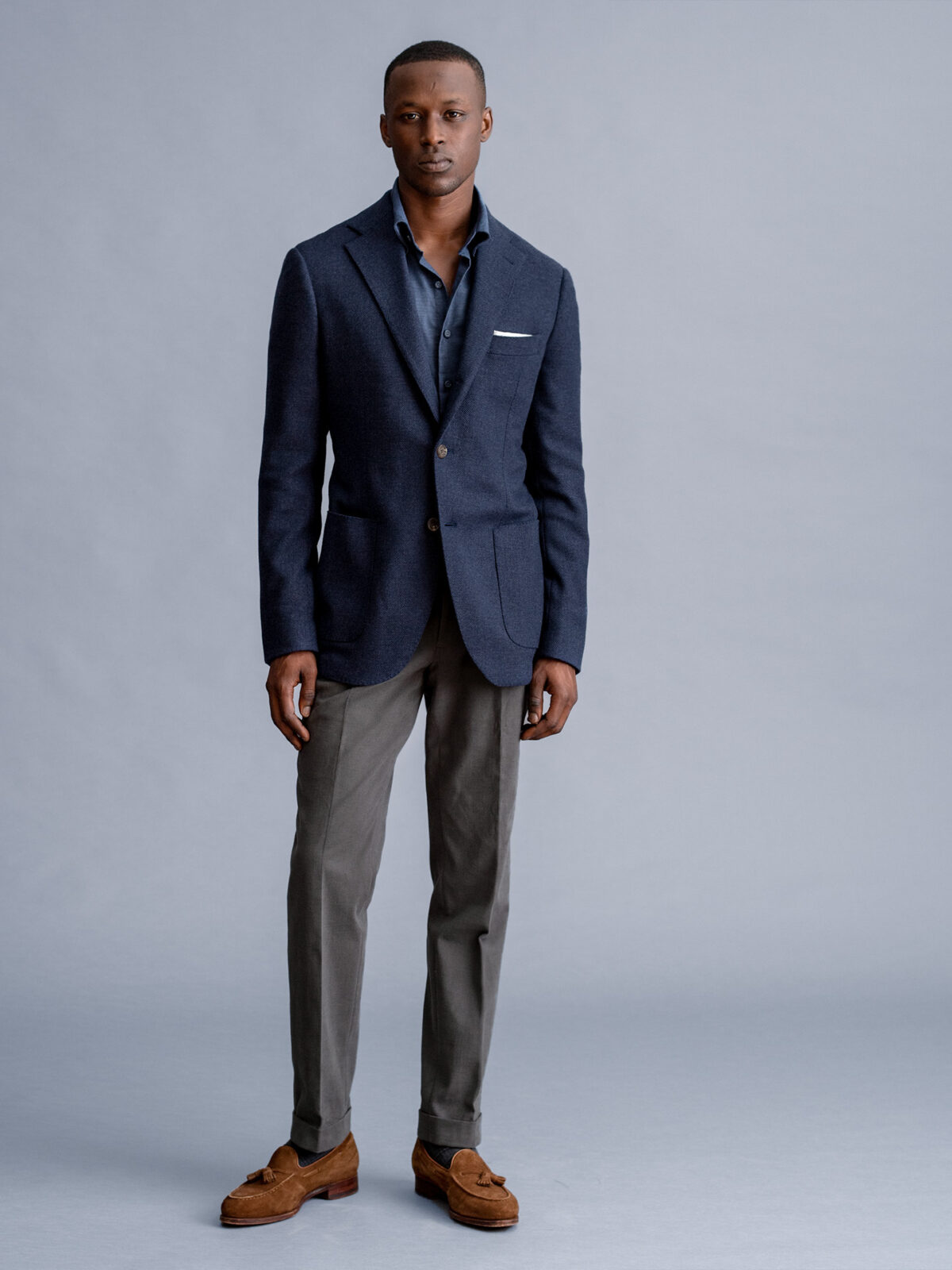 Behest テーラードジャケット ダークブルー Bedford Navy Brushed Stretch Hopsack Jacket - Custom Fit Tailored