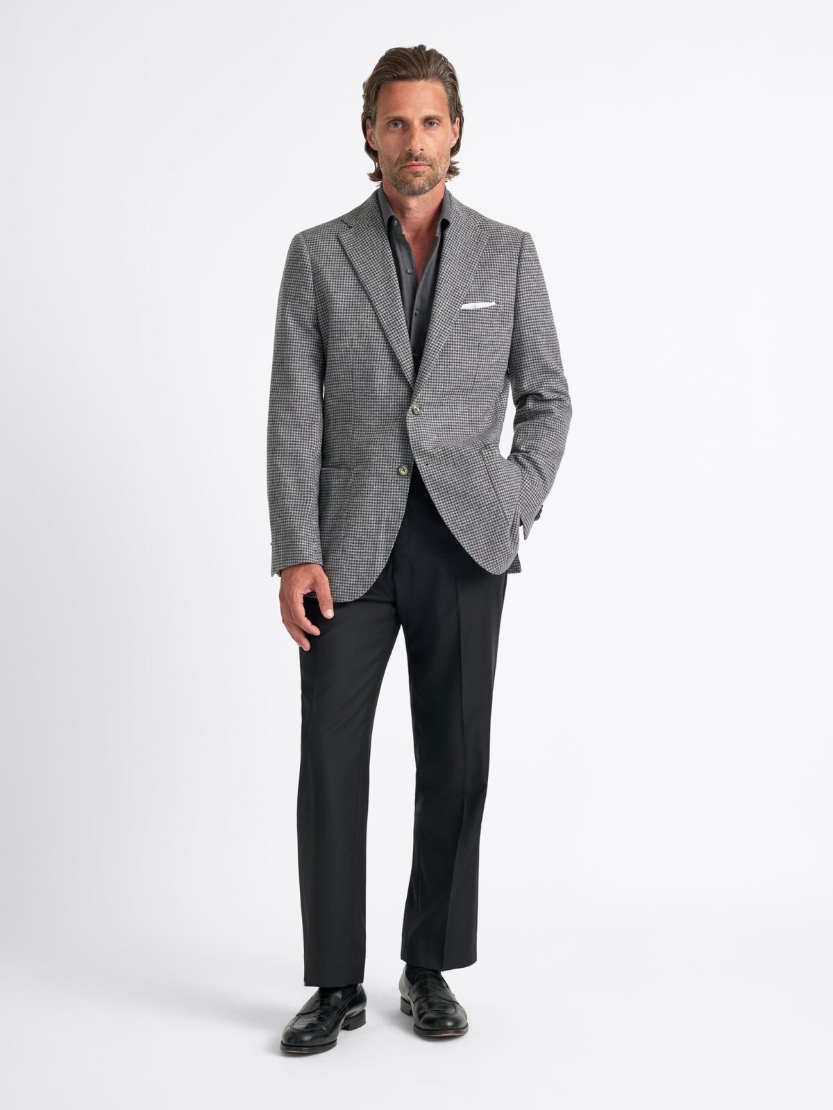 Angelico Grey Houndstooth Italian Wool Flannel Bedford Jacket