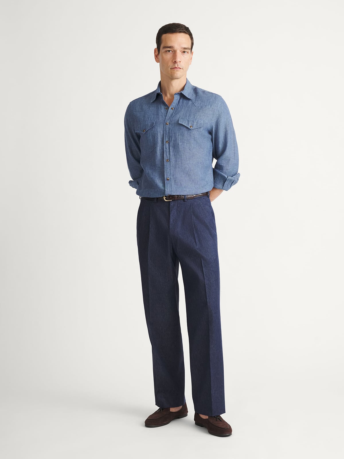 Loro Piana Fabric Navy Cotton and Linen Stretch Wide Leg Denim