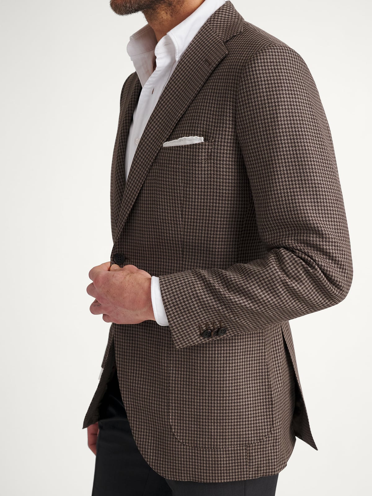 Brown Houndstooth Wool and Linen Stretch Jacket - Custom Fit