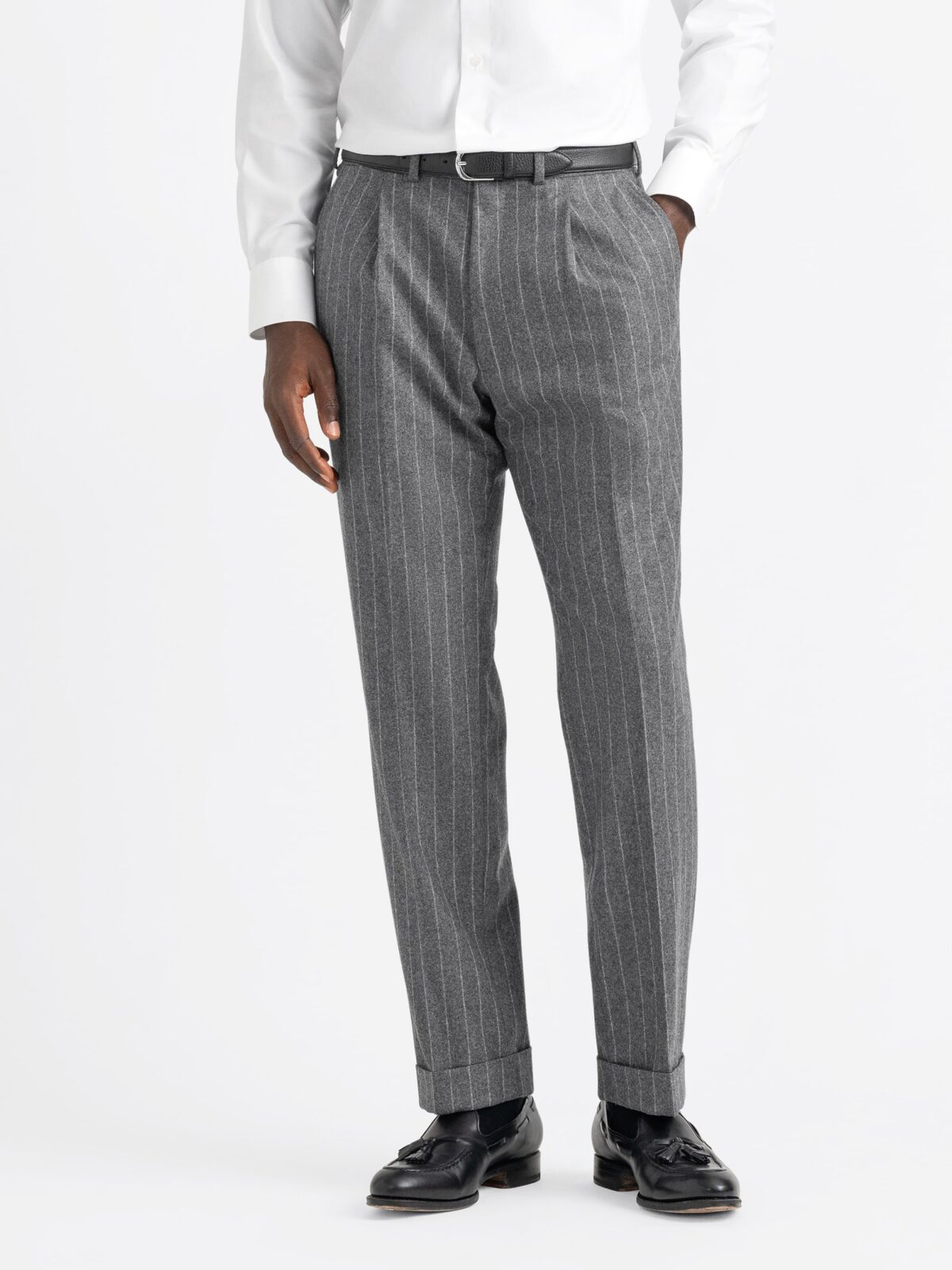 Single Pleated VBC Grey Chalkstripe Wool Flannel Dress Pant
