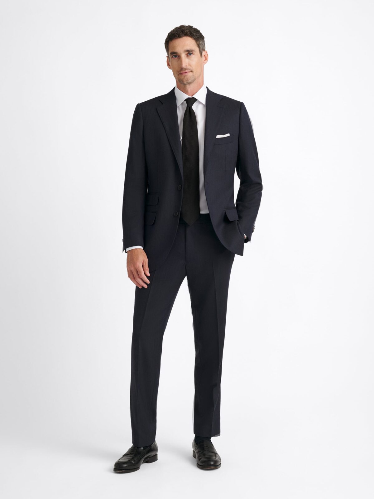 Drago Navy Herringbone S180s Wool Flannel Suit - Custom Fit