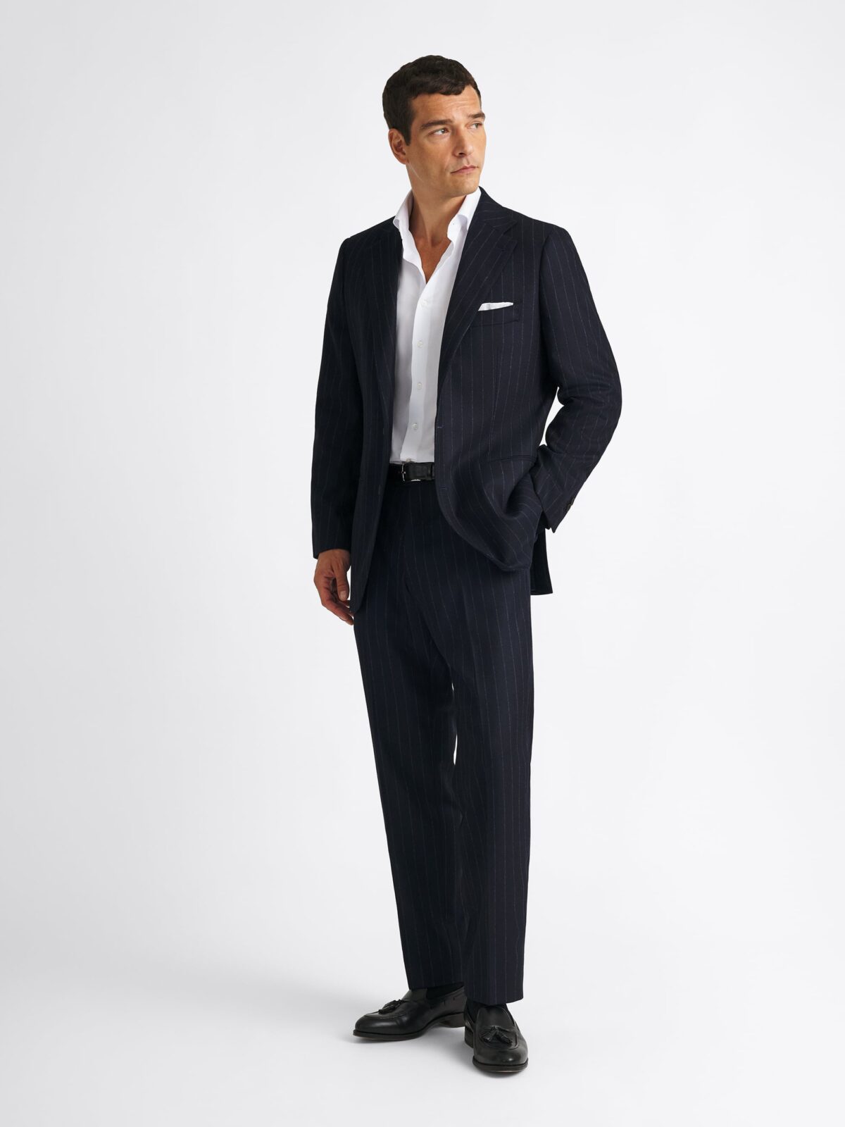 VBC Navy Chalkstripe Wool Flannel Downing Suit - Custom Fit