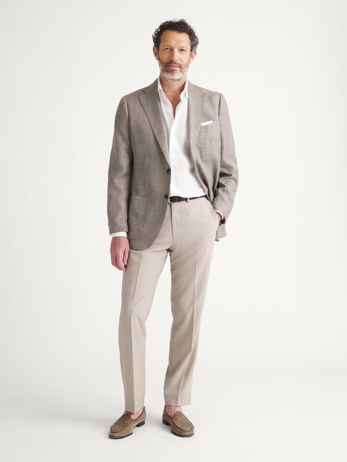 Loro Piana Fabric Taupe and Sky Wool Silk Linen Check Jacket