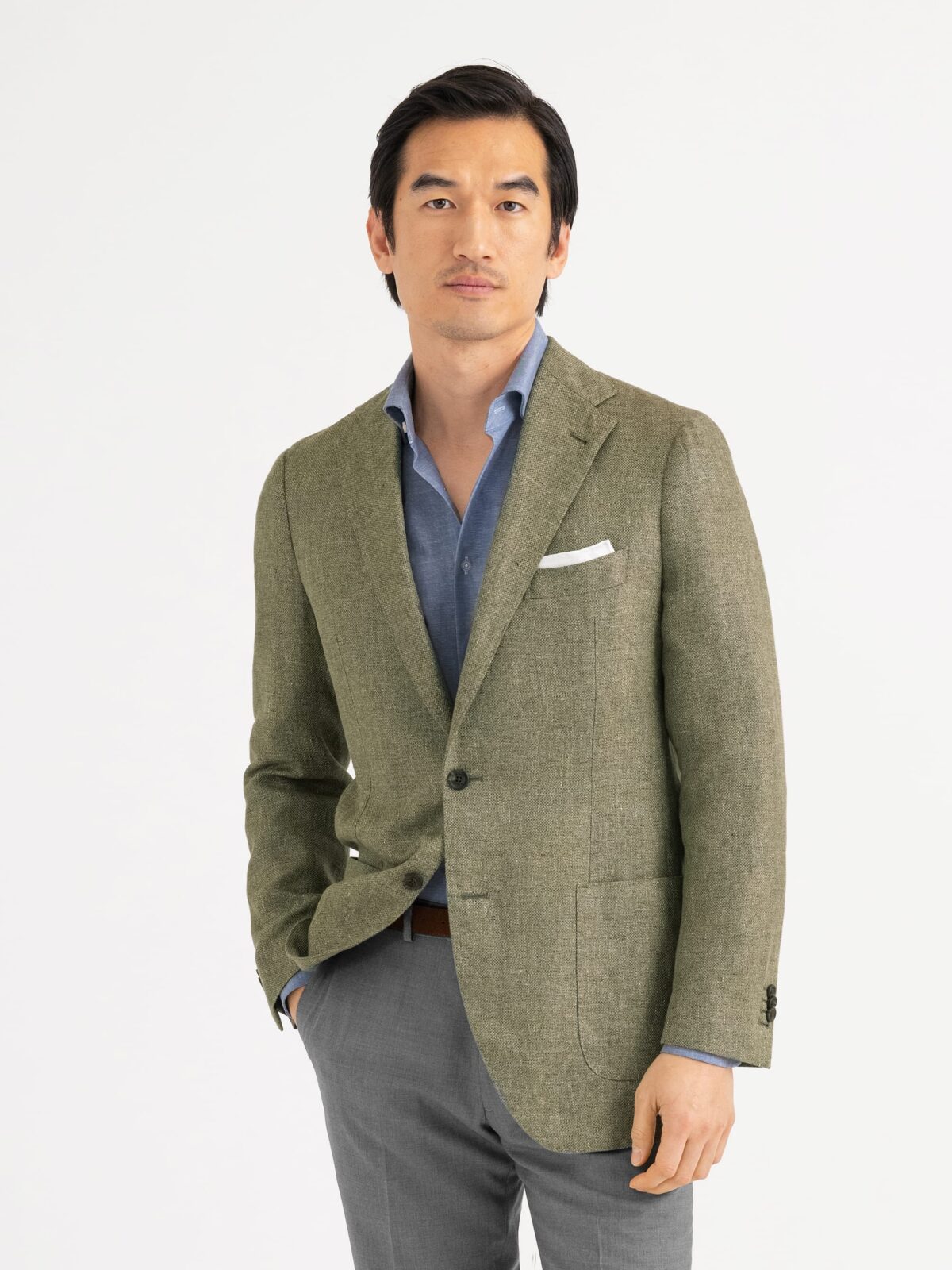 Faded Olive Linen and Lyocell Hopsack Bedford Jacket - Custom Fit
