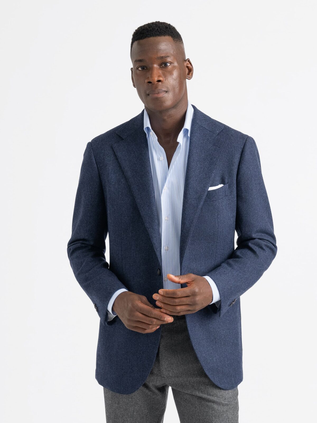 Delfino Navy Herringbone Wool and Cashmere Downing Jacket - Custom