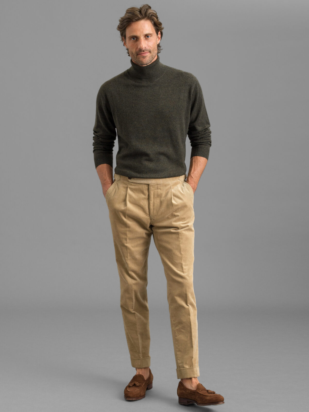 Pleated Beige Corduroy Stretch Dress Pant - Custom Fit Tailored