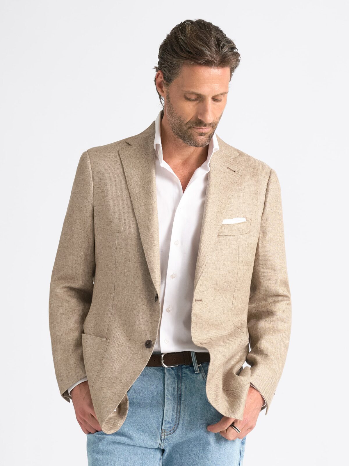 Beige Linen and Lyocell Hopsack Bedford Jacket - Custom Fit