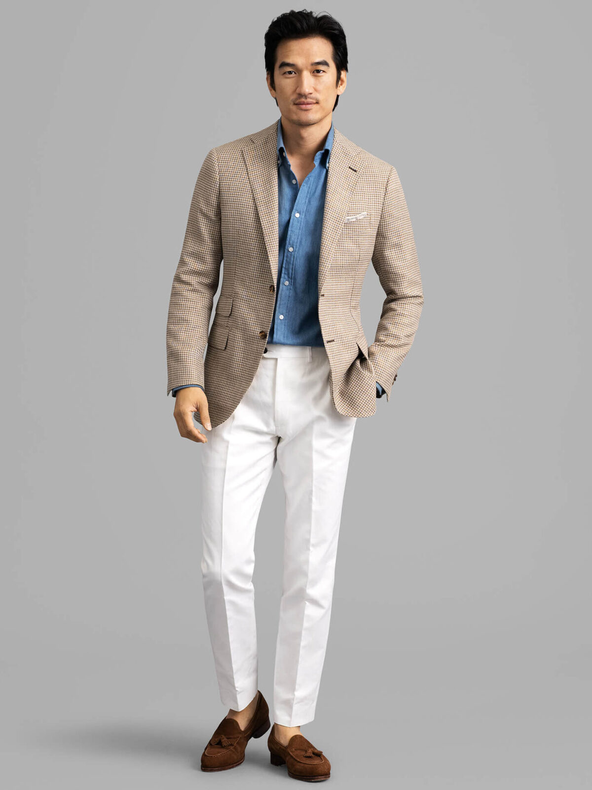 Drago Tan Houndstooth Wool Silk and Linen Bedford Jacket - Custom
