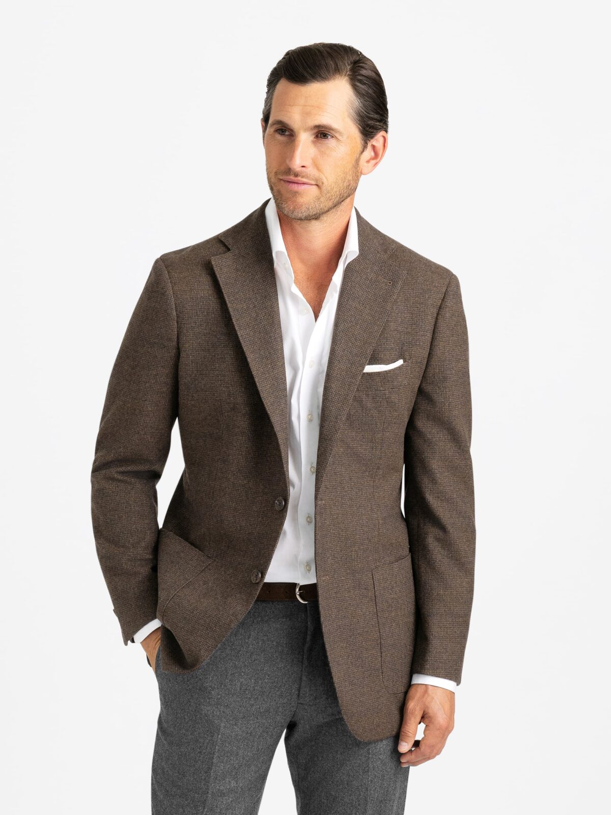 Drago Brown Houndstooth S130s Flannel Bedford Jacket - Custom Fit