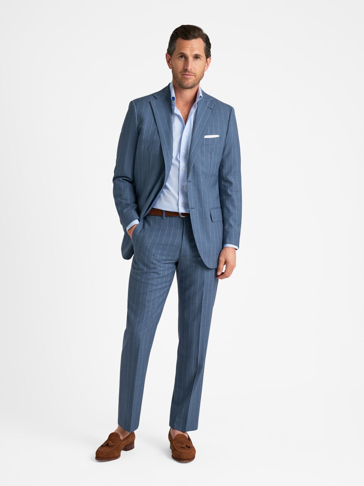 Drago Faded Blue Pinstripe S130s Tropical Wool Suit - Custom Fit