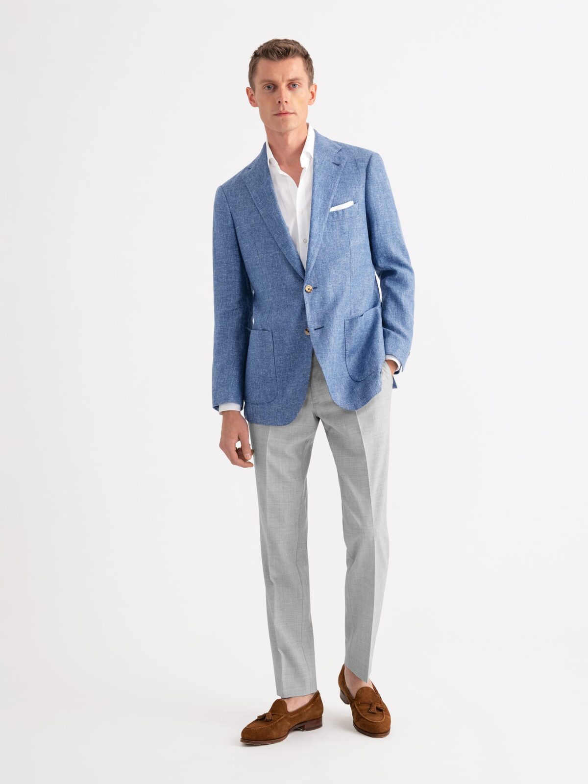 Blue Linen and Lyocell Twill Bedford Jacket - Custom Fit Tailored