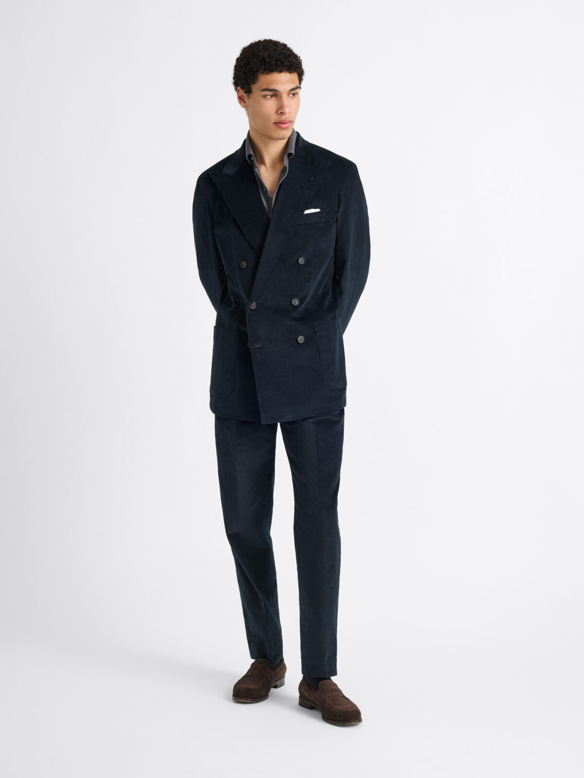 DUCA VISCONTI ドゥカ・ヴィスコンティ　ネイビー スーツ 46 Double Breasted Duca Visconti Navy Stretch Corduroy Suit