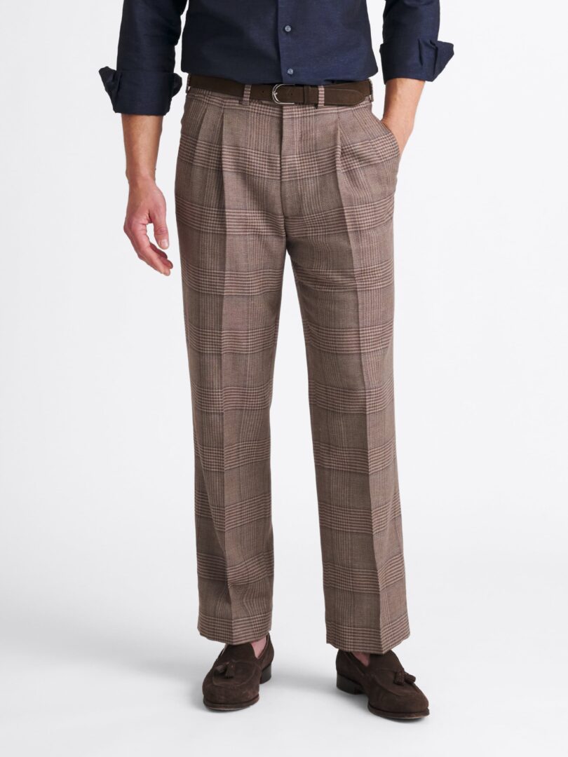 Mocha and Blue Glen Plaid Stretch Wool and Linen Pleated Wide Leg Pant Thumb Detail