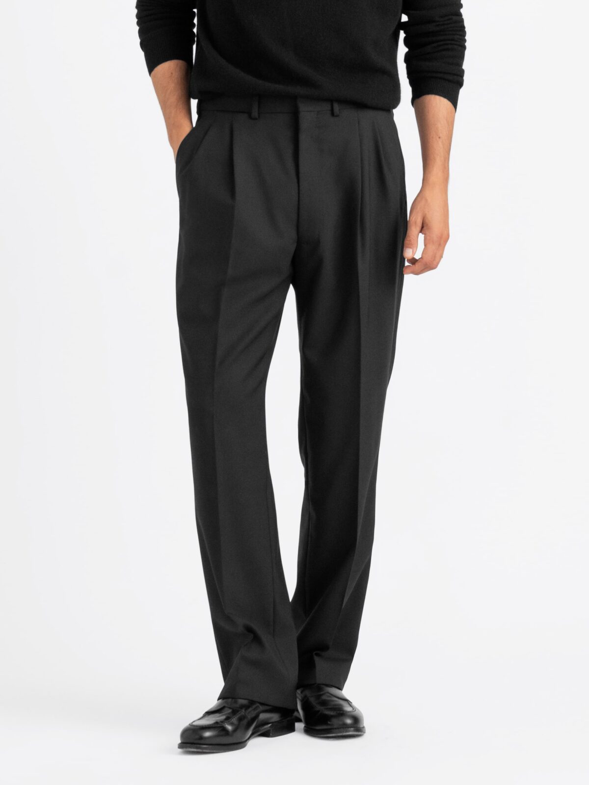 Black Wide Leg Pleated 3 Ply Fresco Trouser - Custom Fit Tailored