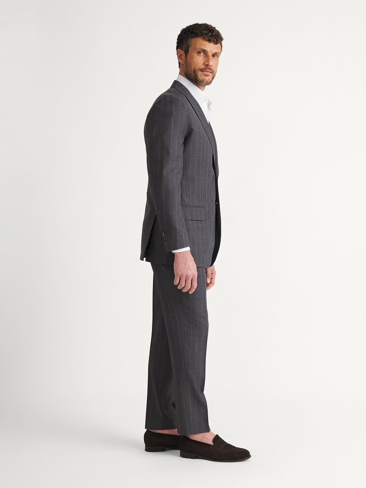 Drago Grey Chalkstripe S130s Tropical Wool Allen Suit - Custom Fit