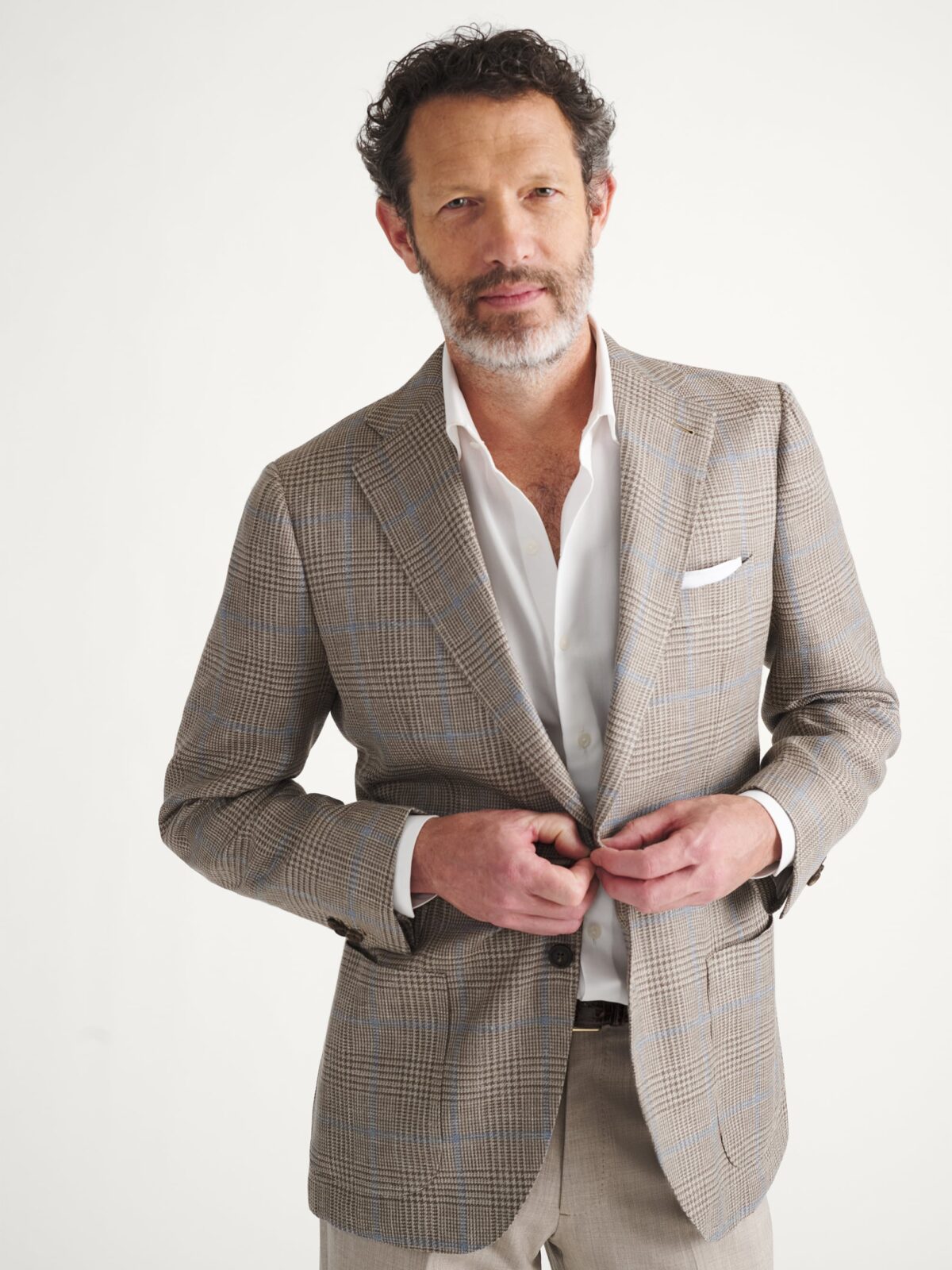 Loro Piana Fabric Taupe and Sky Wool Silk Linen Check Jacket