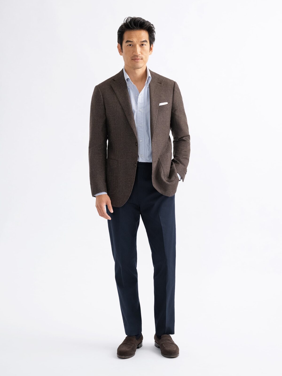 Casual Navy Blazer with Brown Pants