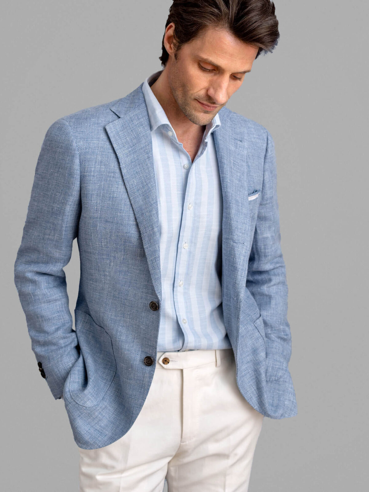 Bedford Sky Blue Wool and Linen Hopsack Jacket - Custom Fit